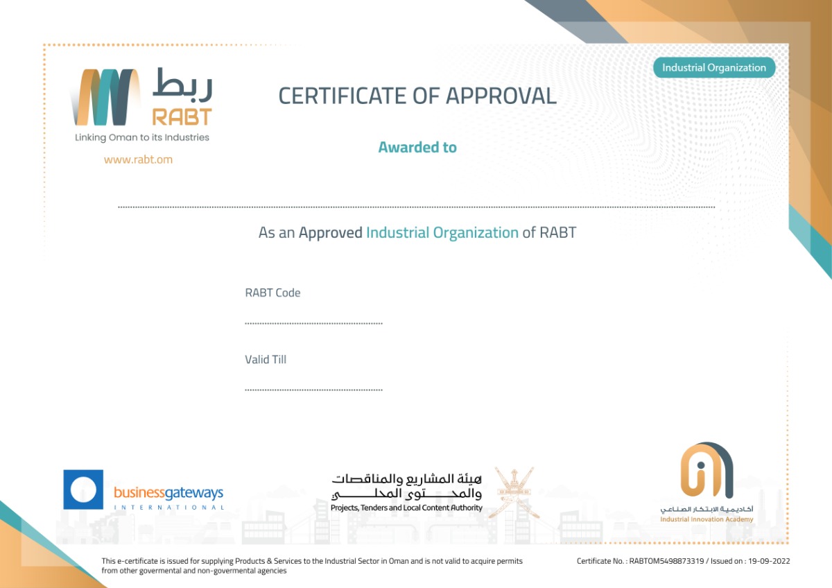 Sample RABT Certificate for Industrial Organisations